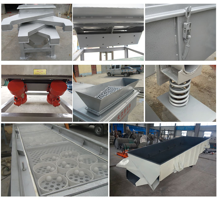 多層直線振動篩由進(jìn)料口,底座,振動電機(jī),篩網(wǎng),篩框,彈簧,出料口等組成。