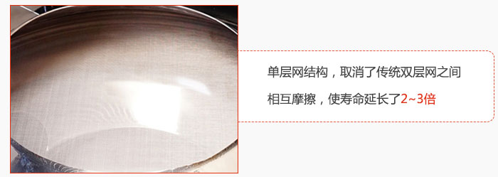 單層網(wǎng)結(jié)構(gòu)，取消了傳統(tǒng)雙層網(wǎng)之間相互摩擦，使壽命延長(zhǎng)了2~3倍