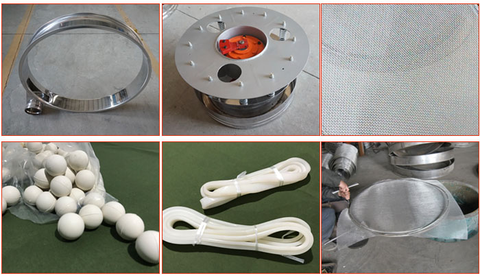 800型全不銹鋼振動(dòng)篩配件有：振動(dòng)篩篩框，電機(jī)，不銹鋼篩網(wǎng)等。
