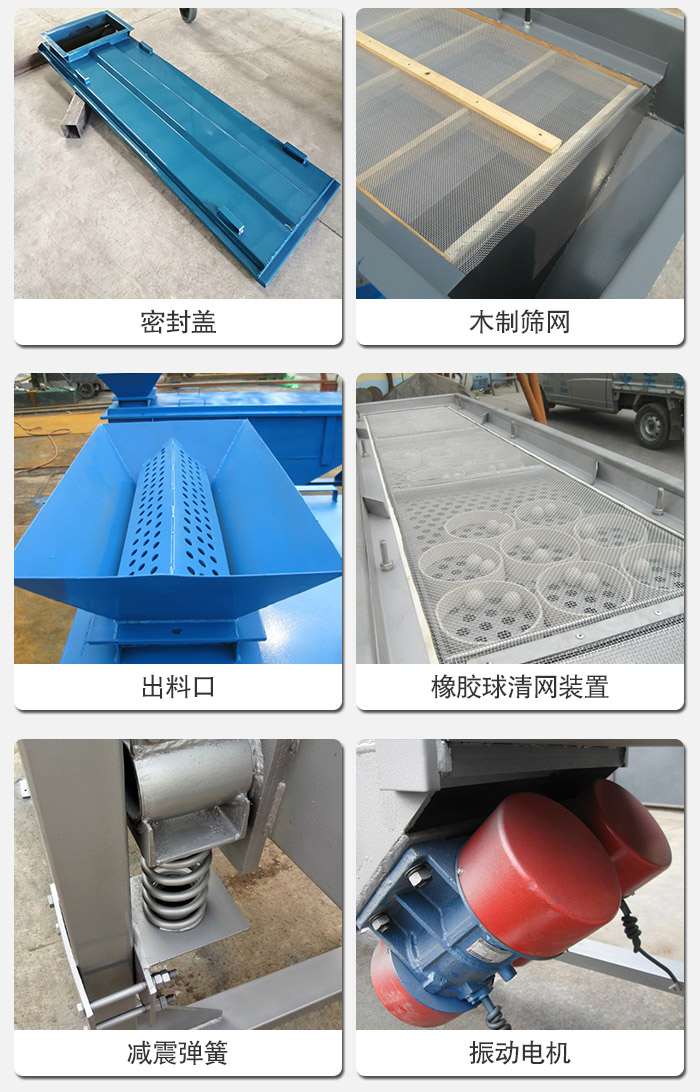 直線篩分機的結(jié)構(gòu)展示圖：篩箱是物料主要篩分設(shè)備之一，篩網(wǎng)用于篩分物料，振動電機幫助篩網(wǎng)篩分。
