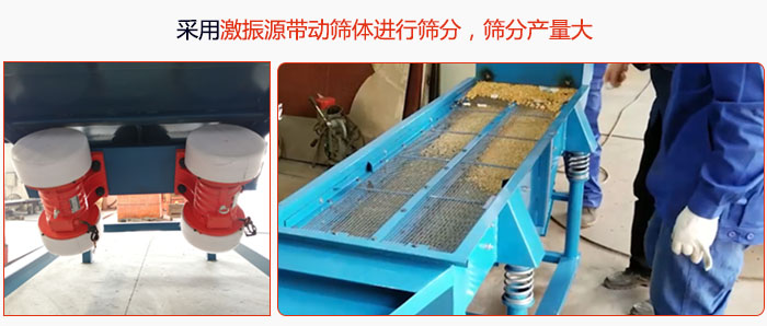 采用激振源帶動篩體進(jìn)行篩分，篩分產(chǎn)量大。