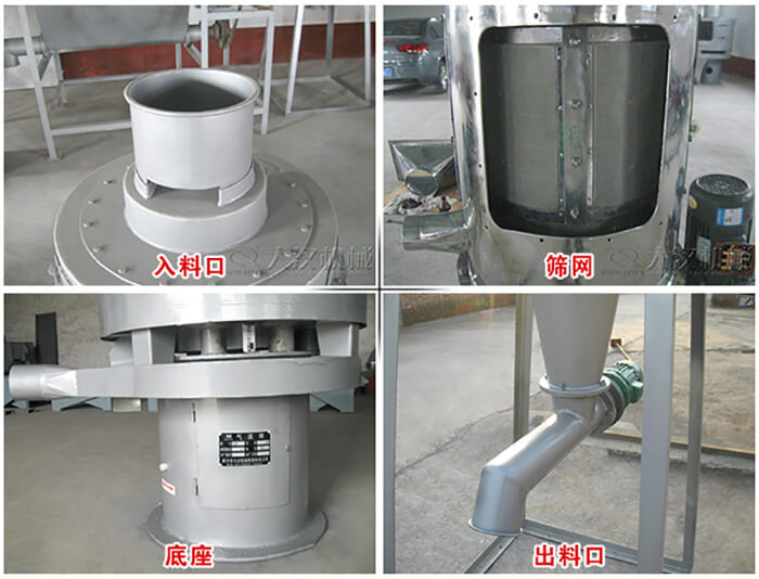 氣流篩部件展示：入料口，篩網(wǎng)，底座，出料口等。