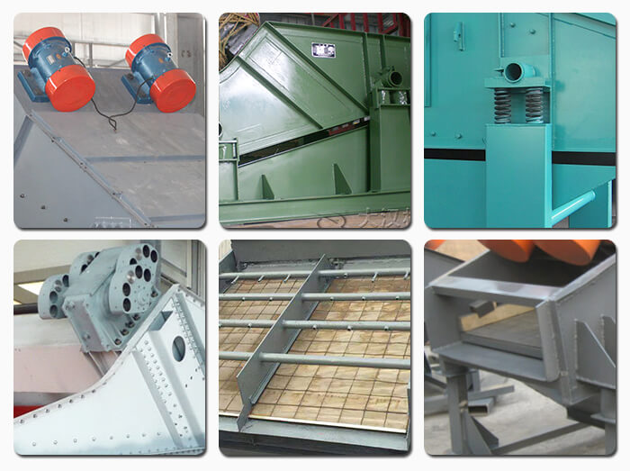 礦用振動篩主要由激振器、篩體、篩網(wǎng)、減振裝置及座架等組成。篩箱由篩框、篩板、襯板等組成