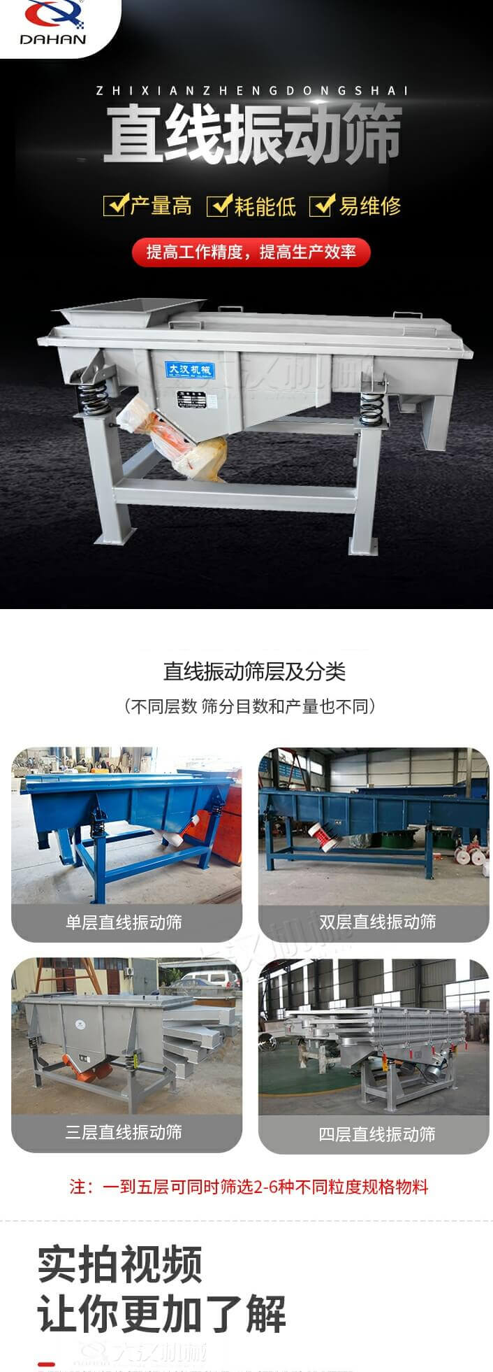 直線振動篩概述，產(chǎn)量高，耗能低，易維修，提高工作精度，提高生產(chǎn)效率，直線振動篩層級分類：不同層數(shù)，篩分目數(shù)和產(chǎn)量也不同：單層，雙層，三層，四層等。