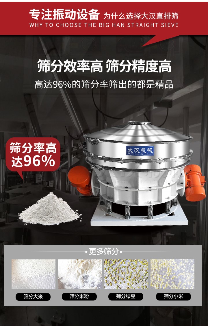 直排篩適用物料有面粉，淀粉，洗衣粉，金屬粉，添加劑，化工，非礦等行業(yè)。