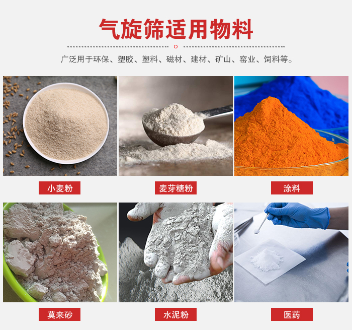 氣旋篩適用物料：小麥粉，麥芽糖粉，涂料，等粉狀物料。