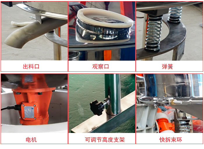 高頻篩細(xì)節(jié)展示：出料口，觀察口，彈簧，電機(jī)，可調(diào)節(jié)高度支架，快拆束環(huán)。