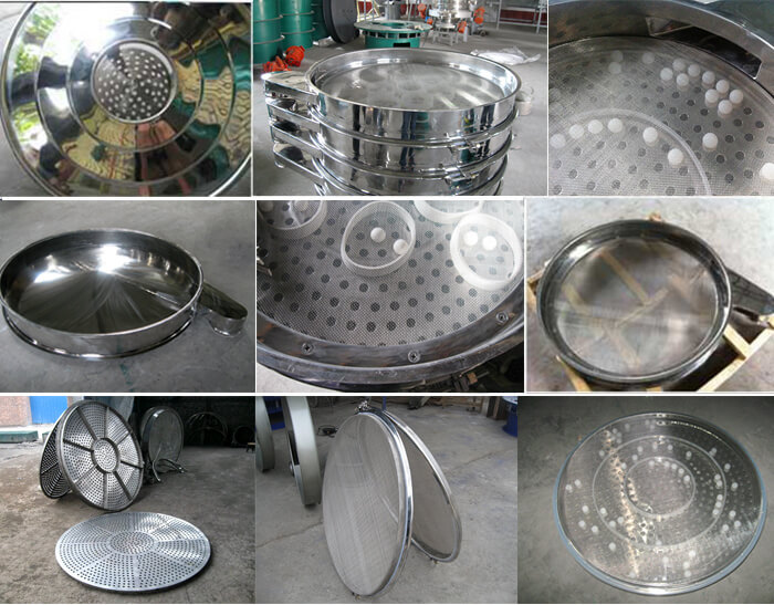 食品振動(dòng)篩細(xì)節(jié)展示：防塵蓋，篩框，網(wǎng)架，底框等。